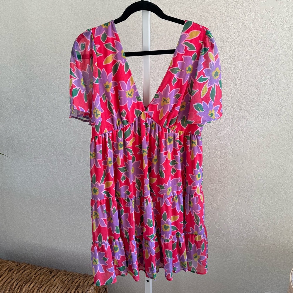 Peach Love California Dress Floral Tiered Pink Purple Size L Coquette Flowy
